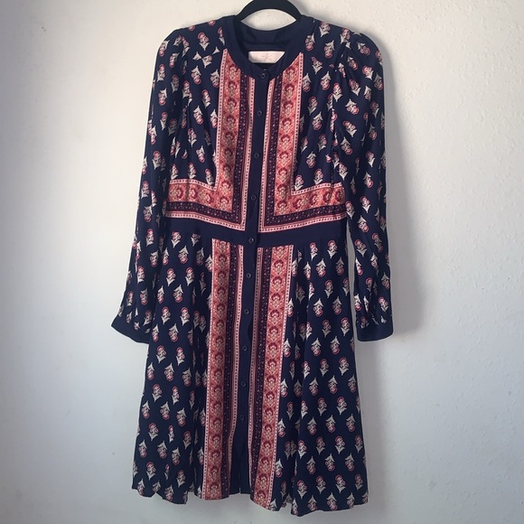 Gal Meets Glam Carlene Woodblock Stripe Button Front Long Sleeve Dress Navy Red - Picture 3 of 7